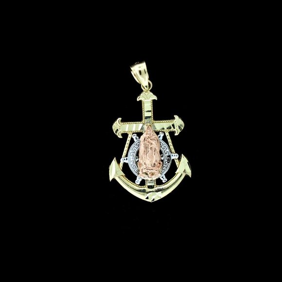 Real 10K Yellow Gold Virgin Mary Anchor Cross Pendant